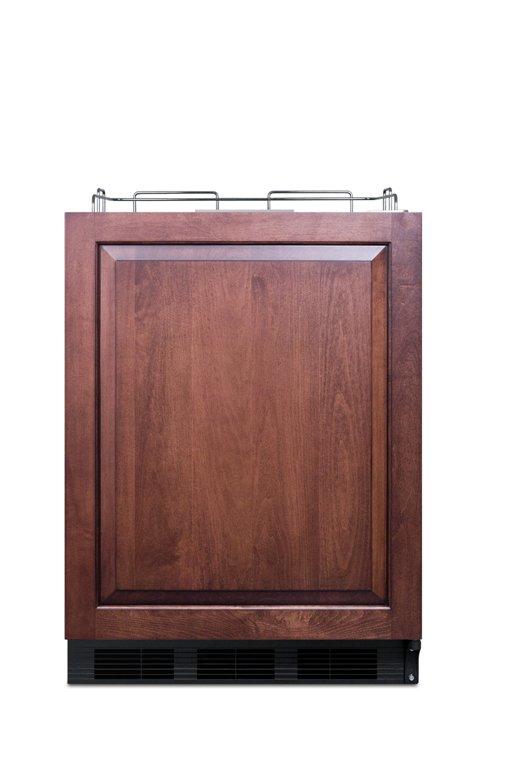 Built-in undercounter ADA height commercially listed beer dispenser with panel-ready door and black cabinet; no tapping equipment included
